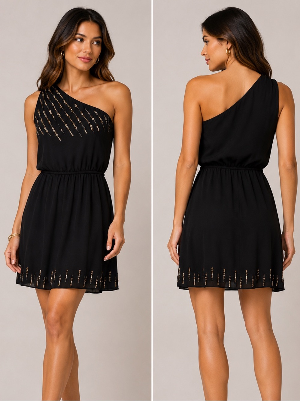 Gianni Bini XS Black One Shoulder Beaded Cocktail Dress Party Mini Dress